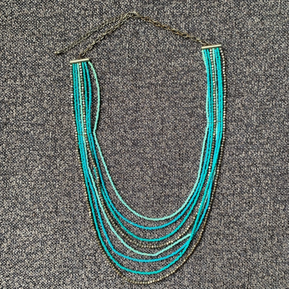 Teal and gold bead necklace